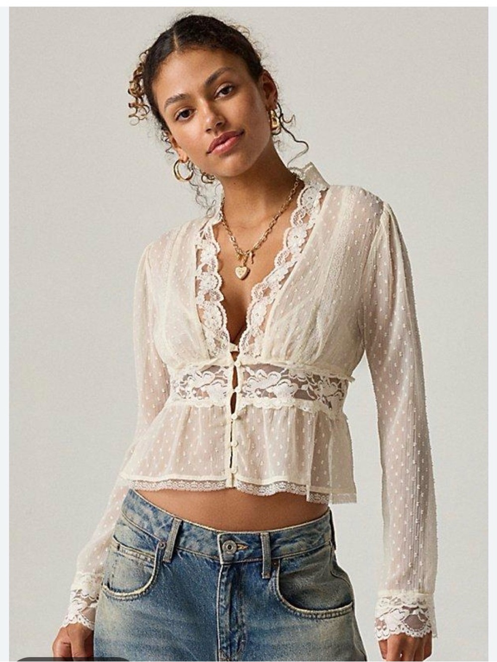 Kimchi Blue Sheer Ivory Lace-Trim Peplum Blouse